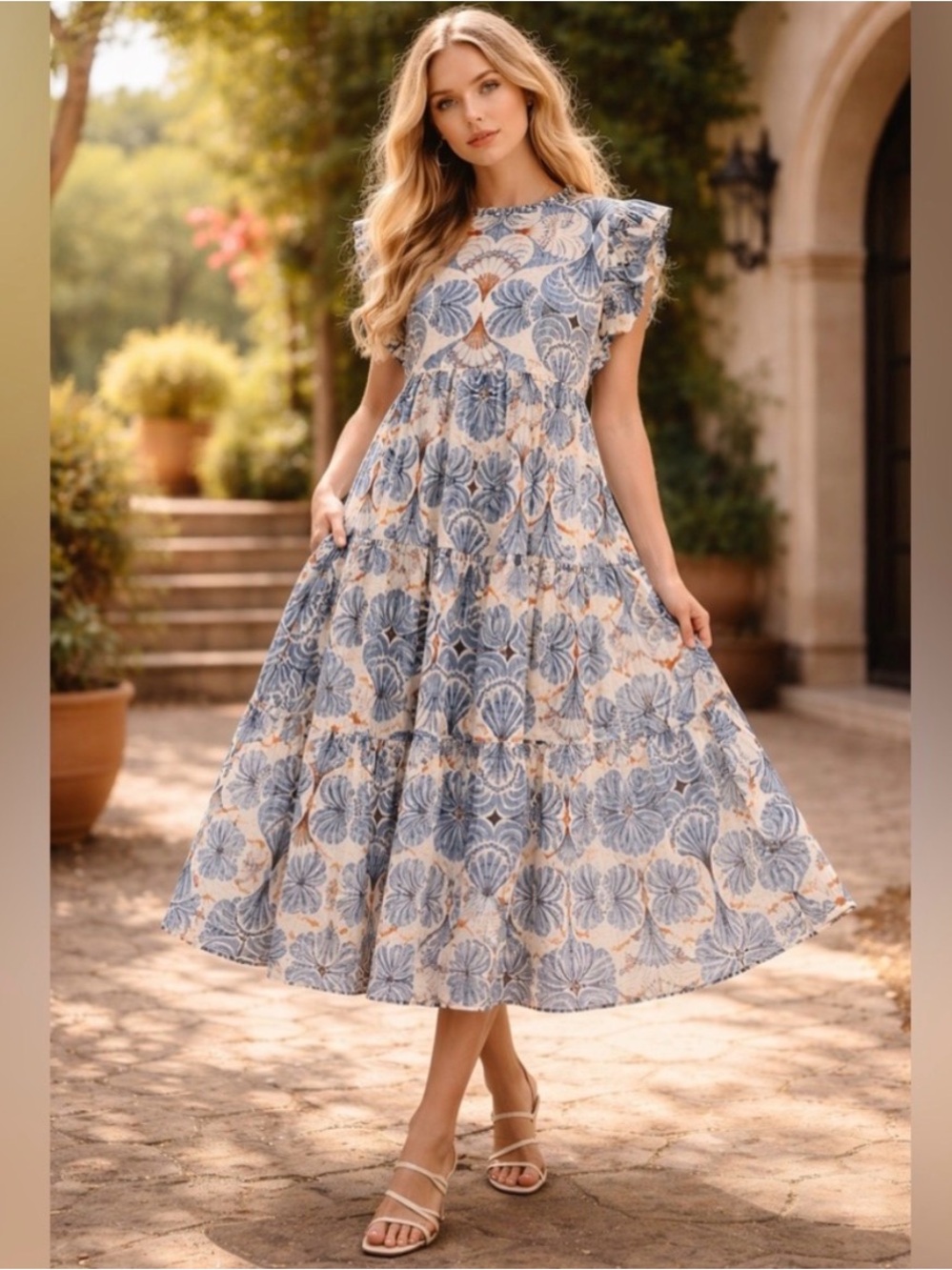 New Blue & Cream Floral Midi Dress - Sleeveless Ruffle Tiered Fit